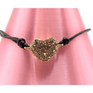 FOSSIL Heart Bracelet Crystal Leather Cord Adjustable Rose Gold Tone Womens